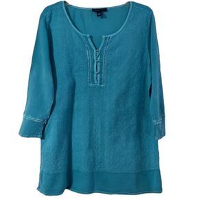 Bandolino Women's Beachy Blue Gauze Embroidered Tunic Scoop Neck Size Small